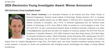 Congratulations to Prof. Kvatinsky for receiving the 2020 Electronics Young Investigator Award!